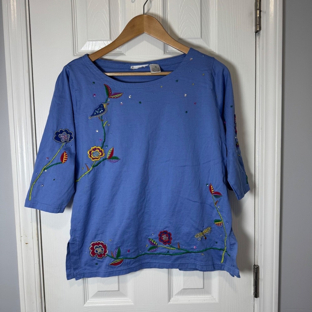 Michael Simon Lite Floral Flowers‎ Embroidered T-Shirt Cotton Top Blue Size S
